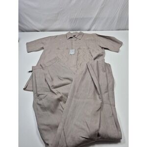 Prestige Linen Shirt Pants Set Mens 2XL 40 Beige Short Sleeve Embroidered
